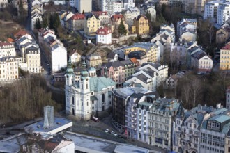 Karlovy Vary, Czech Republic, February 24, 2017: Traditional buildings and hotels of famous resort