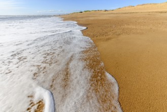 Sea foam on the beautiful sand Atlantic ocean beach in France