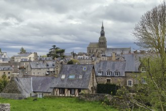 View of historic center of Dinan from hill, Brittany, France