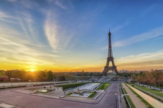 Paris France sunrise city skyline at Eiffel Tower and Trocadero Gardens