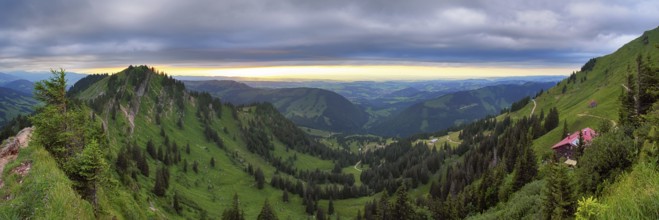 Panoramic view from the Nagelfluhkette to the foothills of the Alps, Nagelfluhkette, Allgäu. The