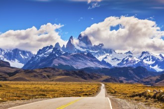 The road through desert. The highway crosses Patagonia and conducts to majestic Mountains Fitzroy