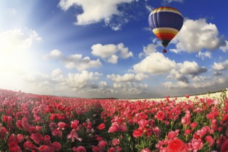 Boundless fields with blossoming pink buttercups. Over fields the huge multi-color balloon flies.
