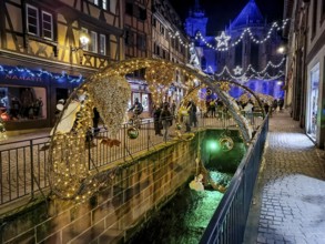 In the evening, the street decorated for Christmas, Rue de l'Église, Colmar, Alsace, Département