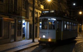 Old tram, night, Lisbon, Portugal
