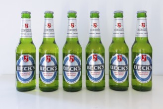 Calgary, Alberta, Canada. May 31, 2024. Several Beck's Non-Alcoholic Beer bottles
