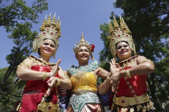 Sofia, Bulgaria - May 19, 2016: Three female performers are showing traditional Thailand clothes