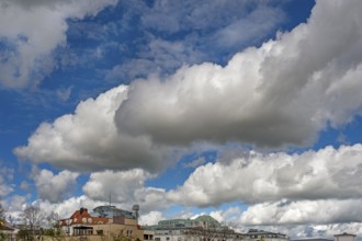 Cumulus, cumulus, cluster clouds or cumulus clouds, over the Skylounge in Kempten, Allgäu, Swabia,