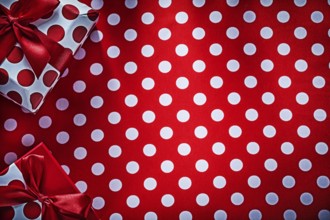 Decorated gifts on polka-dot red table cloth holidays concept