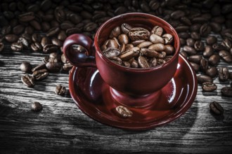 Coffee grains cup saucer on wooden board