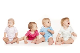 Group of witty babies sitting in different clothes, isolated on white background