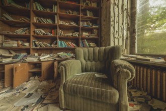 A green armchair in front of a messy bookshelf in an abandoned room, Lost Place, urologist's villa