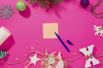 Christmas mock up template. View from above. pink background