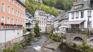 Cityscape of Monschau in autumn colors. Town in western Germany known for its medieval center, with