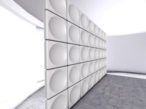 Abstract indoor futuristic indoor with acoustic wall with circles