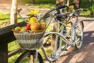 Basket of fruits on bicycle. Bike and bouquet on fence. Organize a picnic for two. Warm days of