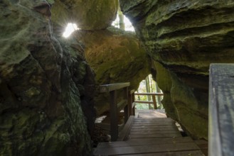 Narrow pass with rock holes, Mullerthal Trail, hiking trail near Berdorf, Luxembourg