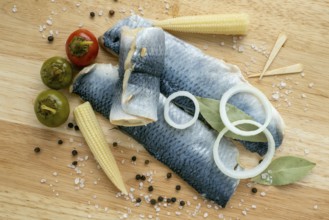 Herring fillet marinated. Cold appetizer. View from above