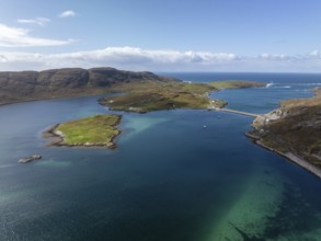 Causeway, causeway to Vatersay, drone shot, Caolas, Isle of Barra, Hebrides, Scotland, Great