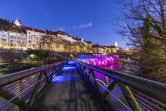 Illuminated stairway to the Murinsel, Graz, Styria, Austria