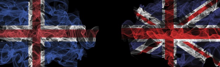 Flags of Iceland and United Kingdom on Black background, Iceland vs United Kingdom Smoke Flags