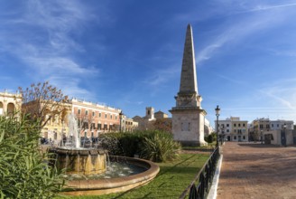 Ciutadella, Spain, 26 January, 2024: view of the Ciutadella Obelisk and the Plaza Born in the