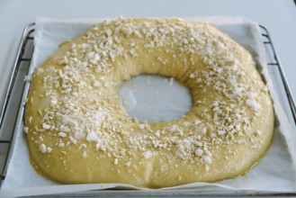 Close Up Of making of sweet bread ringed dessert On oven plate. Called roscon is typical in spanish