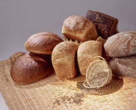 Still life with different kinds of bread and pastry on a studio background, Moscow, Russian