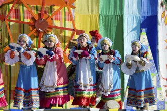 ULAN-UDE, RUSSIA - FEBRUARY 14: Dancers girls perform a Russian folk dance on the last day of the