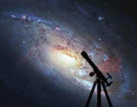 Space background with silhouette of telescope. Spiral Galaxy M106, in the constellation Canes