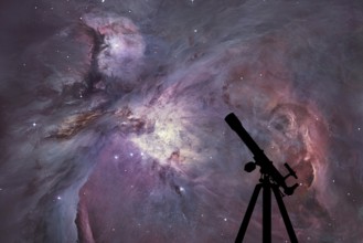 Space background with silhouette of telescope. The Orion Nebula Messier 42 diffuse nebula in