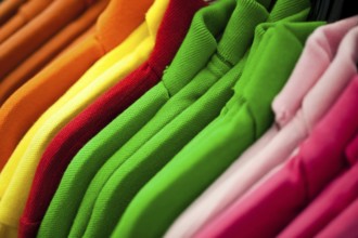 Colorful t-shirts hanging on a rack