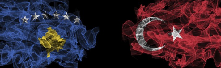 Flags of Kosovo and Turkey on Black background, Kosovo vs Turkey Smoke Flags