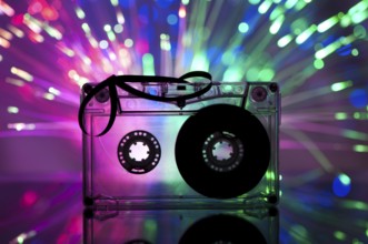 Cassette tape and multicolored pink blue lights on background