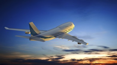 3D illustration of an Airplane and the sunset sky