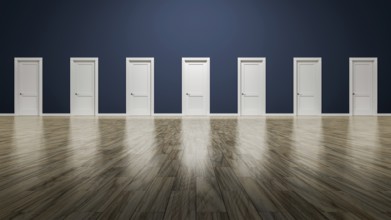 3d rendering of a room with seven doors to choose