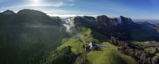Fog river at the Chilchzimmersattel, right edge at the Geissflueh, drone image, Basel-Landschaft,