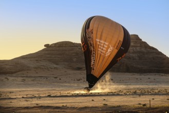 Landing with balloon at the Unesco site Maidain Saleh or Hegra, Al Ula, Kingdom of Saudi Arabia