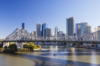 BRISBANE, AUSTRALIA, JULY 29, 2023: Brisbane skyline and Story Bridge from the suburb of New Farm
