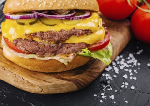 food still-life, Fresh tasty burger on wooden board