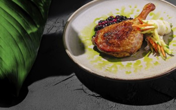 Food, A beautifully plated crispy duck leg rests on a bed of berry sauce, accompanied by julienned