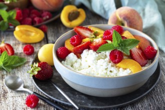 Rustic summer breakfast or dessert. Curd or cottage cheese served with fresh summer fruits and