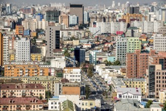 City centre of Ulaanbaatar, the capital of Mongolia from the air, with houses and skyscrapers in a