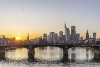 View over the river Main with a modern skyline in the background in the evening, at sunset.
