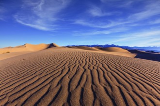 Thin waves on sand. Bright solar morning in picturesque part of Death Valley, USA. Mesquite Flat