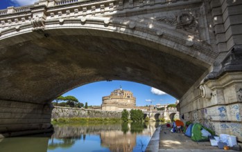 Rome Italy on October 6th, 2019 Tents of homeless people under the Ponte Vittorio Emanuele II