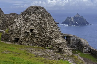 Clochans, stone cells. monastery at the top, Skellig Michael island, Mainistir Fhionáin (St.