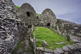 Clochans, stone cells. monastery at the top, Skellig Michael island, Mainistir Fhionáin (St.