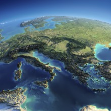 Highly detailed planet Earth in the morning. Exaggerated precise relief lit morning sun. Part of