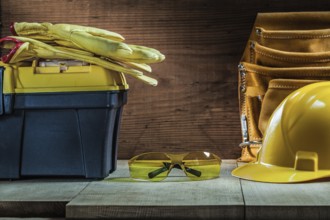 Glasses helmet belt gloves toolbox